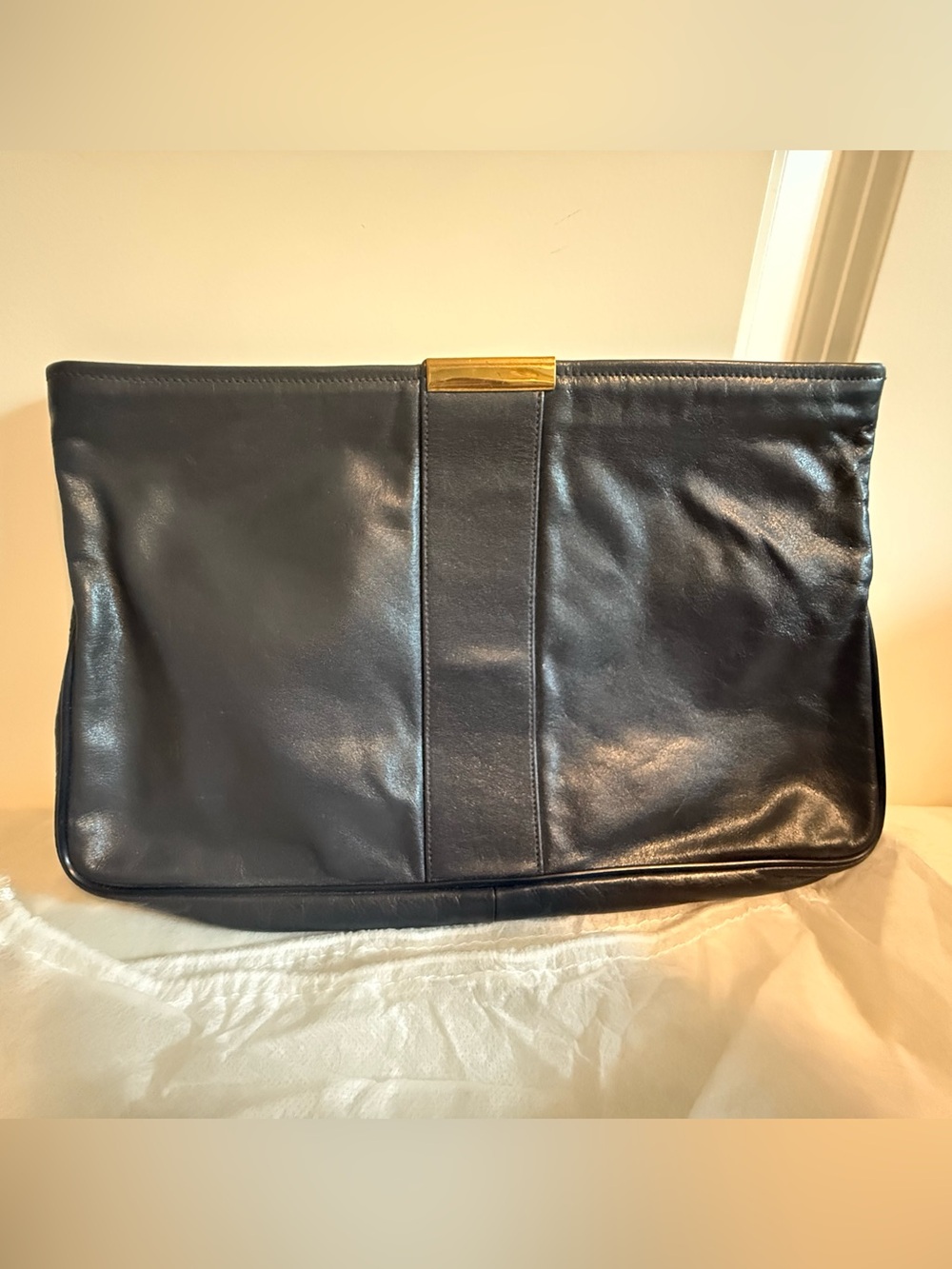 Vintage Navy Leather Clutch with Gold Accent